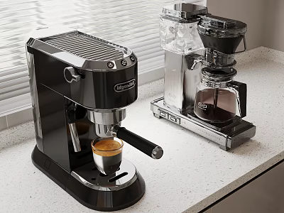 Stylish Black And Silver Coffee Machines On Kitchen Countertop With Window Blinds 3d model