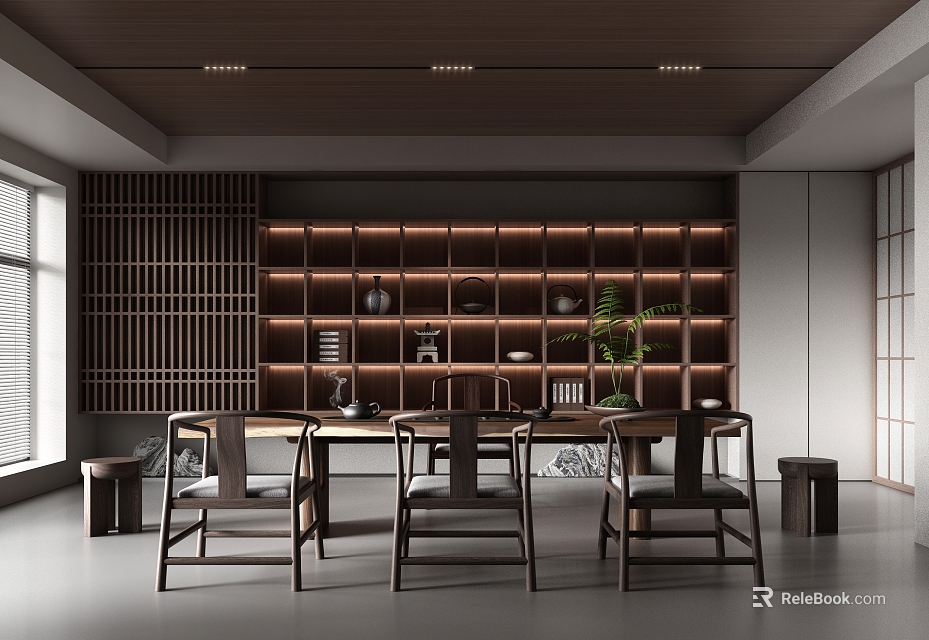 Minimalist Chinese Style Tea Room With Wooden Long Table Chairs And Lighting Bookshelf 3d model 