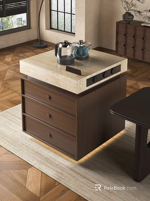 Modern Kitchen Island With Light Marble Top Brown Drawers And Dark Table On Wooden Floor 3d model 