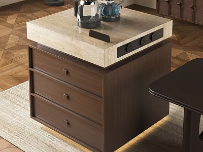 Modern Kitchen Island With Light Marble Top Brown Drawers And Dark Table On Wooden Floor 3d model