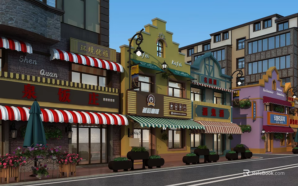 Vibrant Commercial Street With Colorful Buildings Striped Awnings Store Signs Street Lamps And Flower Boxes 3d model 