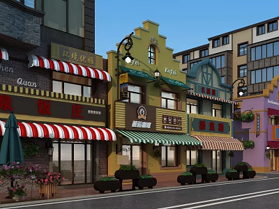 Vibrant Commercial Street With Colorful Buildings Striped Awnings Store Signs Street Lamps And Flower Boxes 3d model