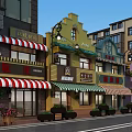 Vibrant Commercial Street With Colorful Buildings Striped Awnings Store Signs Street Lamps And Flower Boxes