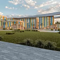 Modern Architectural Building Featuring Geometric Facade Metal Glass Structure And Landscaped Garden Roadway Sunset Sky