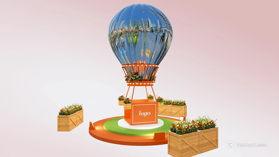 Blue Inflatable Hot Air Balloon Featuring Orange Frame Circular Platform Central Logo and Wooden Planters 3d model 