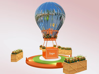 Blue Inflatable Hot Air Balloon Featuring Orange Frame Circular Platform Central Logo and Wooden Planters 3d model
