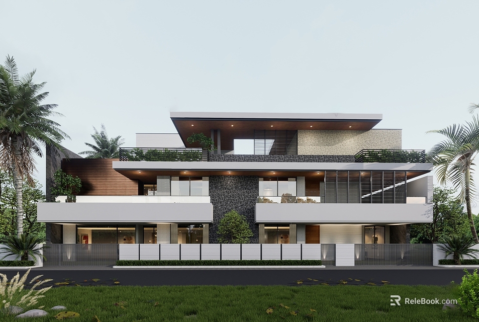 Modern Detached Villa Exterior Featuring Large Glass Windows Balconies And Lush Greenery 3d model 