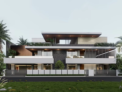 Modern Detached Villa Exterior Featuring Large Glass Windows Balconies And Lush Greenery 3d model