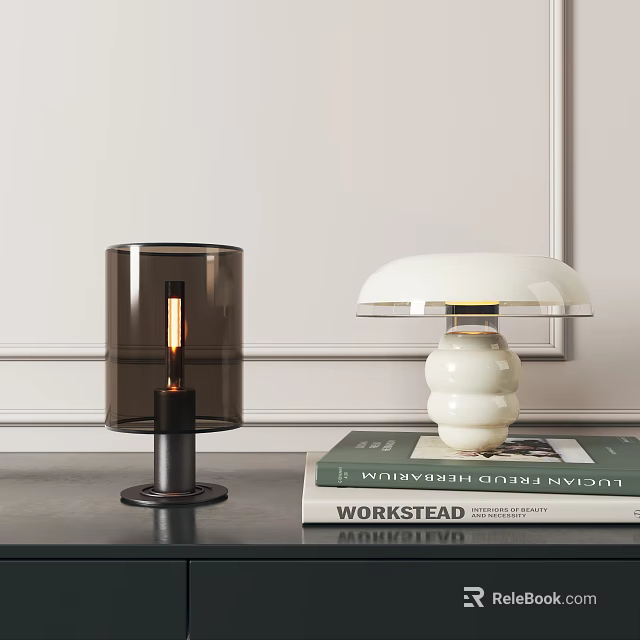 Stylish Table Lamps With Dark Transparent Shade White Spherical Base On Stacked Books Minimalist Wall 3d model 