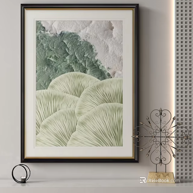 Green White Textured Wall Art In Black Frame With Decorative Metal Ornament Perforated Decor 3d model 