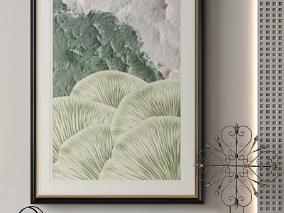 Green White Textured Wall Art In Black Frame With Decorative Metal Ornament Perforated Decor 3d model