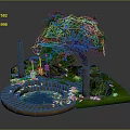 Cartoon Scene Featuring Round Pond Green Grass Big Tree Stone Pillars And Lanterns
