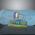 Colorful Feathered Headdress Character and Small Creatures Inside Transparent Blue Crystal on Yellow Base
