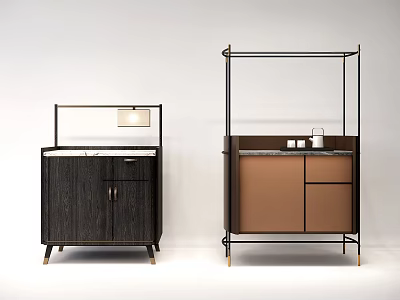 Modern Bar Counter With Dark Wood Cabinet Brown Panel Metal Frame And Overhead Lamp 3d model