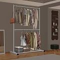 Double Layer Metal Clothes Rack With Light Colored Garments Storage Boxes And Wall Decor