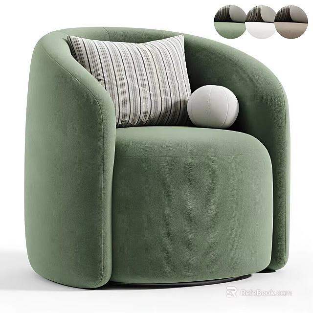 Stylish Green Velvet Accent Chair With Striped Pillow And White Decorative Ball 3d model 