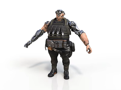 Muscular Tactical Character With Mechanical Arm Helmet Armor And Black Boots 3d model