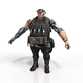 Muscular Tactical Character With Mechanical Arm Helmet Armor And Black Boots