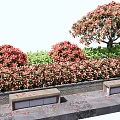 Outdoor Landscape Seats Design With Flower Bushes Trees And Stone Pavement