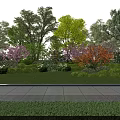 Garden Landscape Design With Various Trees Colorful Foliage Green Lawn And Stone Pathway