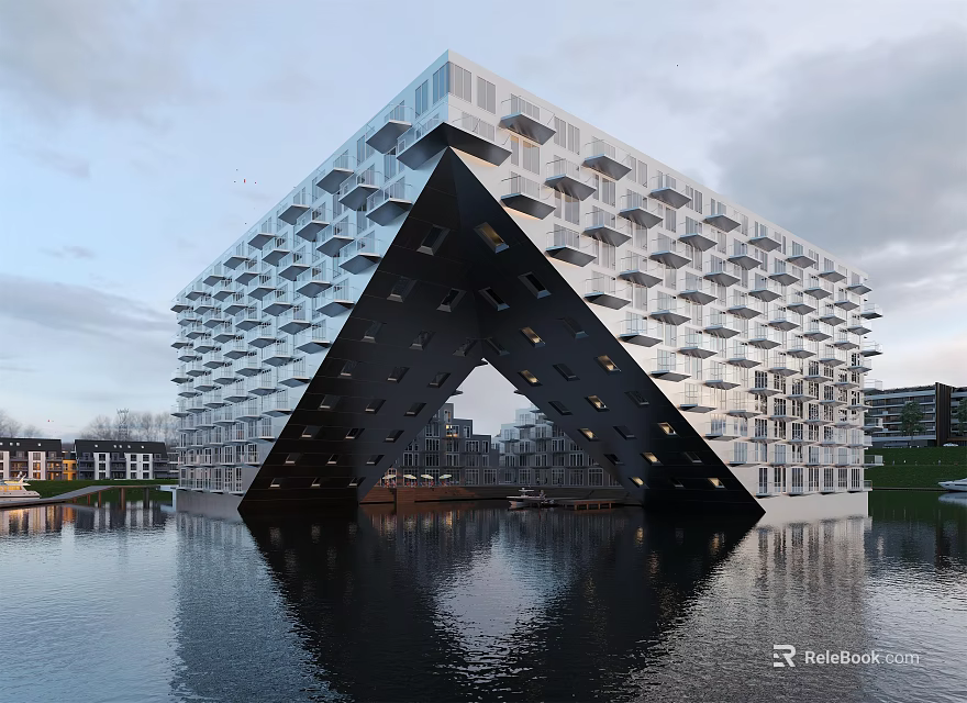 Unique Modern Architectural Building With Geometric Design Water Reflection Glass Facade Sky And Lake View 3d model 