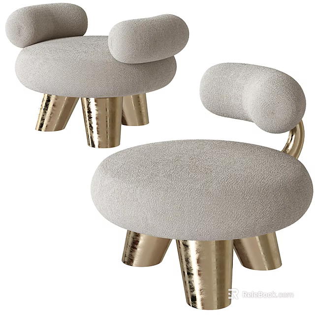 Stylish Light Gray Velvet Sofa Stool With Gold Metal Legs And Curved Armrests 3d model 