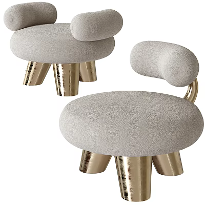 Stylish Light Gray Velvet Sofa Stool With Gold Metal Legs And Curved Armrests 3d model
