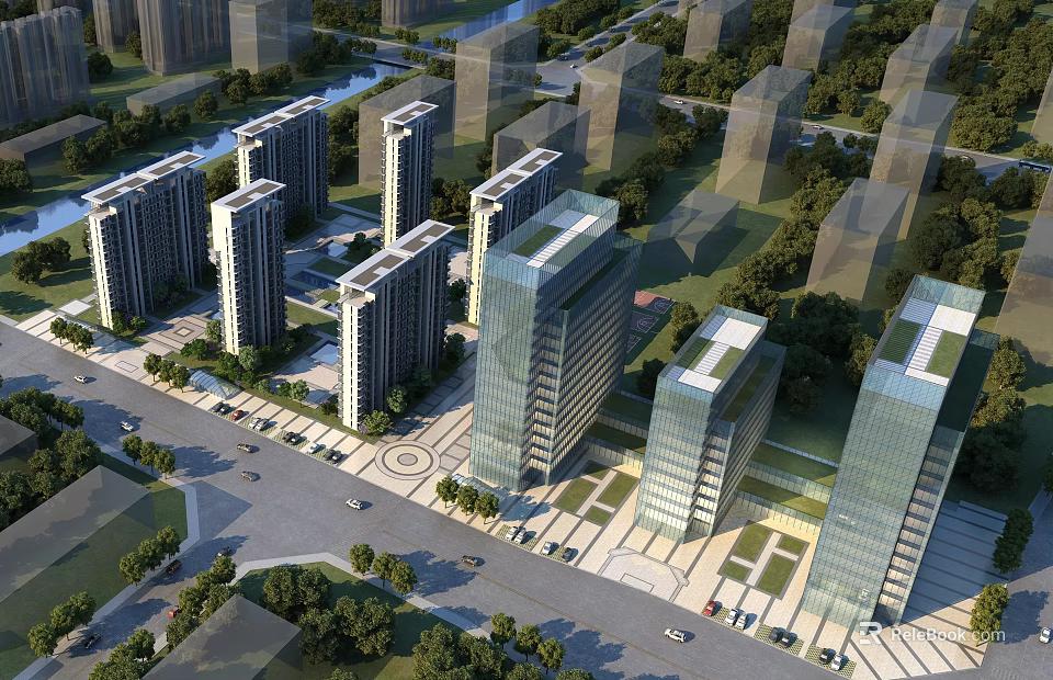 Aerial Planning of Modern Urban Area With High Rise Buildings Green Spaces and Road Networks 3d model 