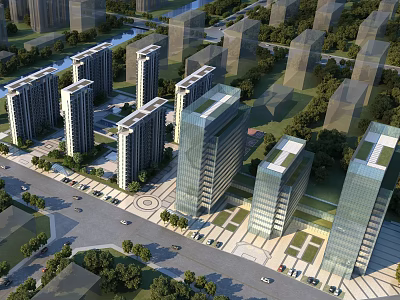 Aerial Planning of Modern Urban Area With High Rise Buildings Green Spaces and Road Networks 3d model