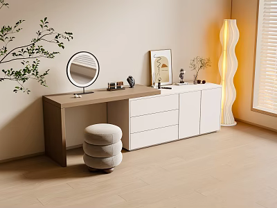 Modern Cream Style Dressing Table Mirror Low Stool Floor Lamp Jewelry Ornaments 3d model