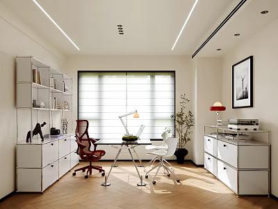Modern Study Room Interior With White Bookshelves Desk Chairs Window And Potted Plant 3d model