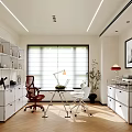 Modern Study Room Interior With White Bookshelves Desk Chairs Window And Potted Plant