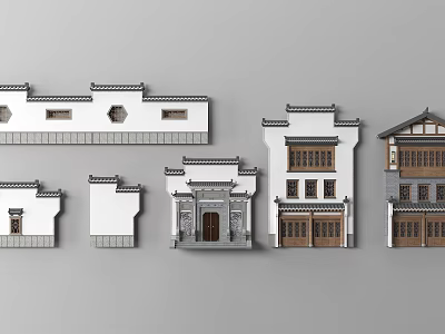 Different Styles Traditional Chinese Garden Ornaments With White Walls Black Tiles And Miniature Buildings 3d model