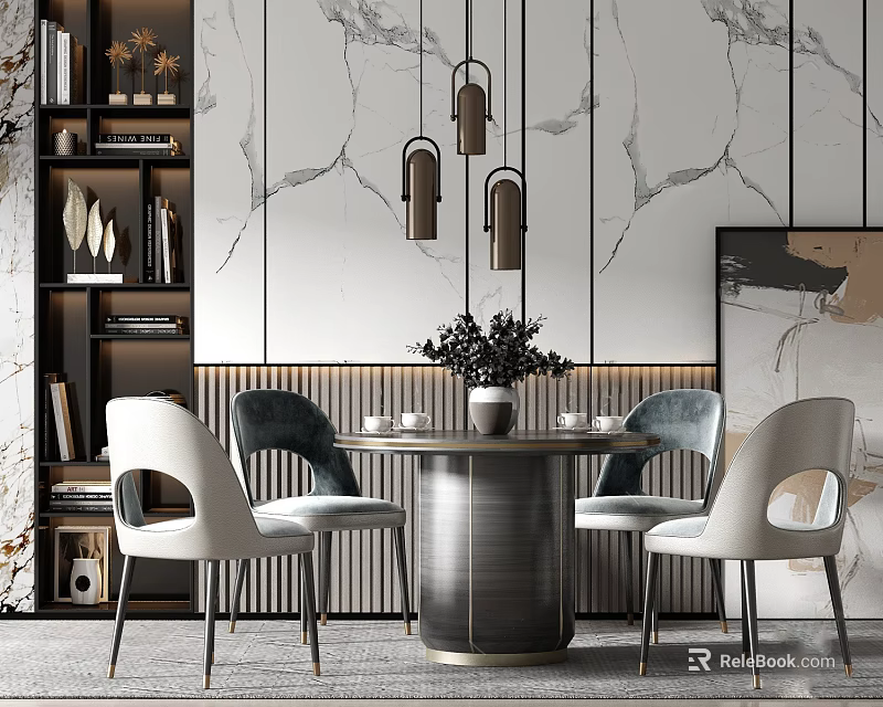 Modern Dining Table Set With Upholstered Chairs Pendant Lights And Marble Wall Backdrop 3d model