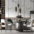 Modern Dining Table Set With Upholstered Chairs Pendant Lights And Marble Wall Backdrop 3d model