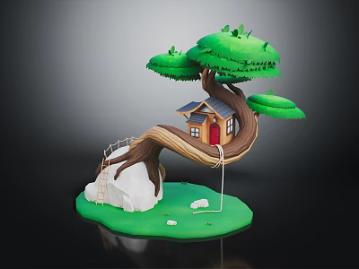 Wooden Treehouse Structure Built On Curved Tree Branch With Ladder And Rock Base 3d model