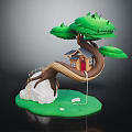 Wooden Treehouse Structure Built On Curved Tree Branch With Ladder And Rock Base