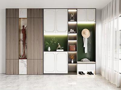 Modern Shoe Cabinet Design With Wooden White Panels Green Accent Hangers And Shoe Storage 3d model