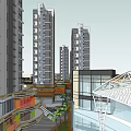 Modern Commercial Street With High Rise Buildings And Glass Dome Structure