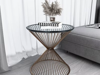 Stylish Coffee Table With Metal Wire Frame Glass Top And Dried Pampas Grass Near Sofa 3d model
