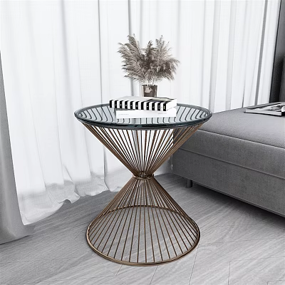 Stylish Coffee Table With Metal Wire Frame Glass Top And Dried Pampas Grass Near Sofa 3d model