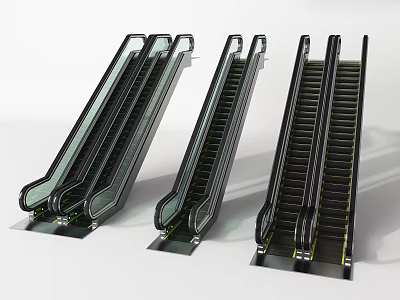 Three Modern Escalators With Black Steps And Transparent Glass Side Panels 3d model