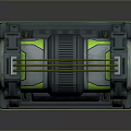 Gray Industrial Mechanical Device Featuring Green Illuminated Accents Yellow Stripes And Support Structure