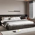 Modern Bedroom Interior With Upholstered Bed Vertical Striped Wall Recessed Lighting And Gray Rug