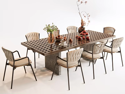 Outdoor Dining Table with Grid Pattern Stone Base Light Colored Chairs and Decorative Vase Fruits 3d model