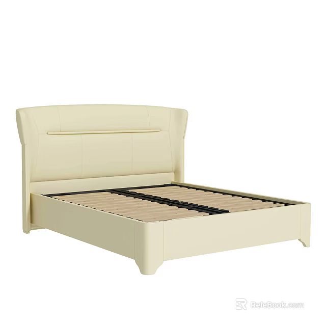 Modern Simple Beige Leather Double Bed With Upholstered Headboard And Platform Frame 3d model 