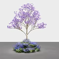 Decorative Tree Pit With Purple Flowering Tree And Blue Surrounding Flowers Illuminated