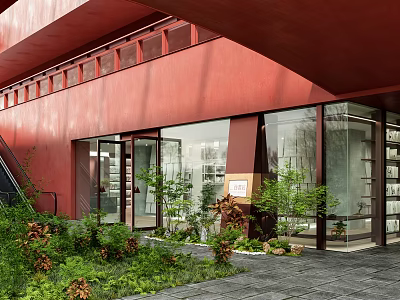 Modern Shopping Mall Store With Red Exterior Large Glass Windows And Green Plants 3d model