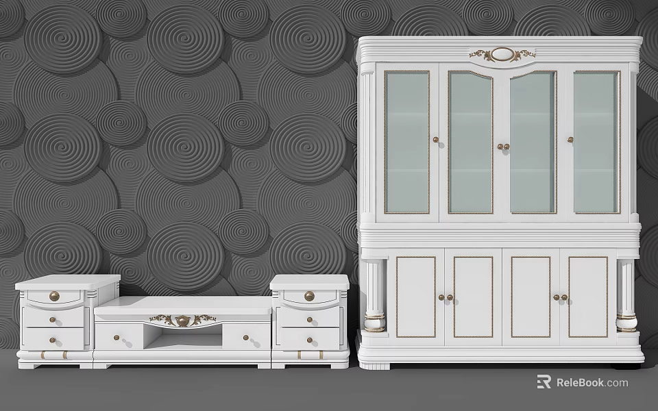 Elegant White TV Cabinet Interior With Glass Doors Drawers And Decorative Trim 3d model 
