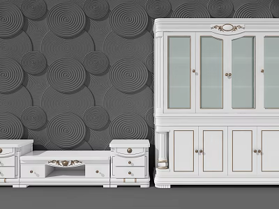 Elegant White TV Cabinet Interior With Glass Doors Drawers And Decorative Trim 3d model